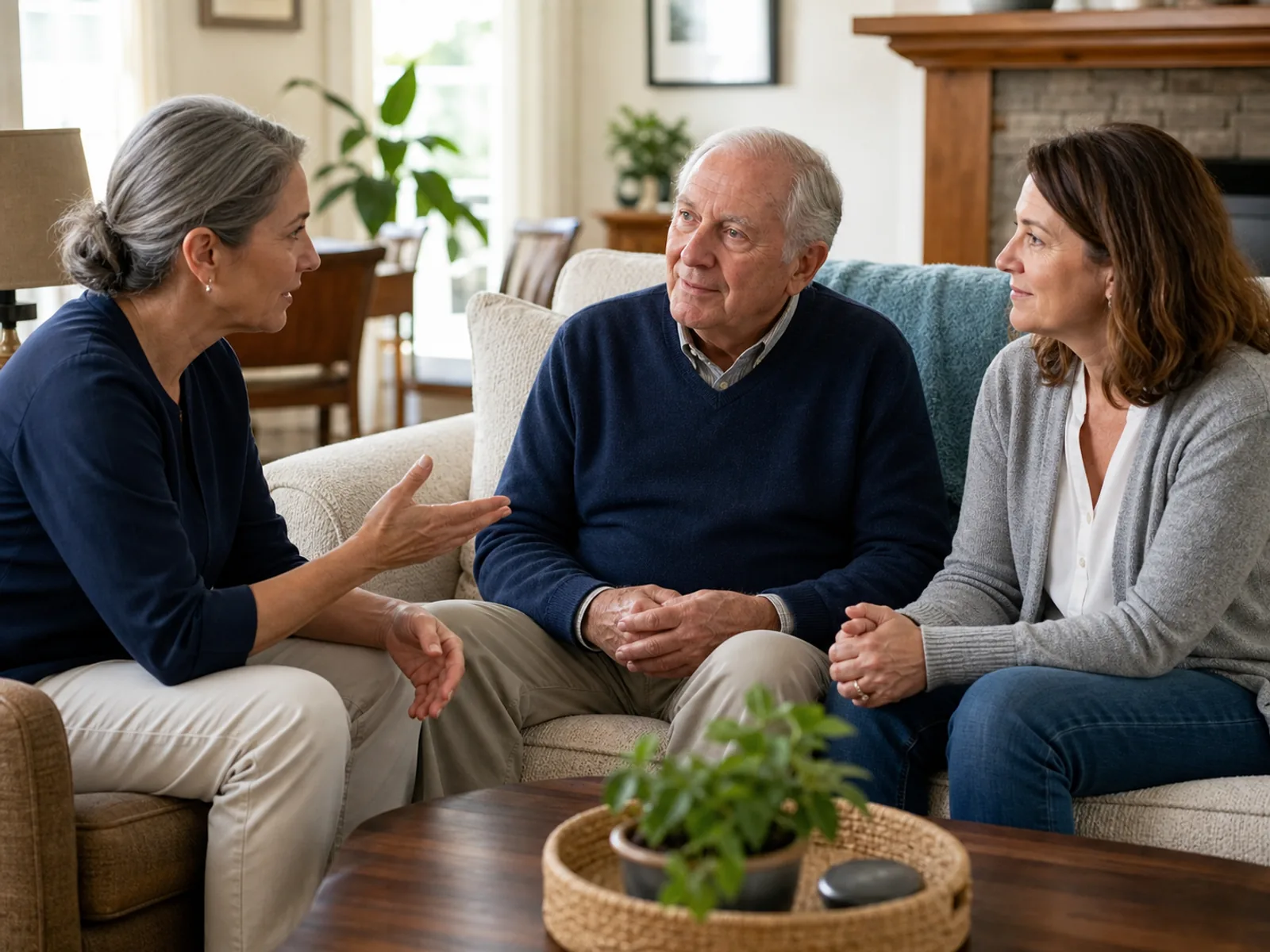 Clinician and family caregiver discussing care with an older adult at home