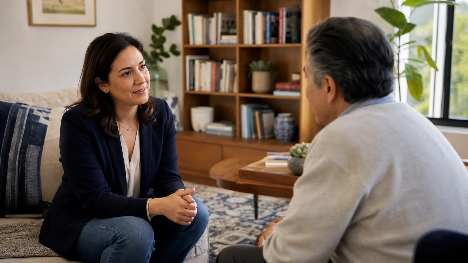 Clinician in conversation with an adult patient during an in-home psychiatric visit