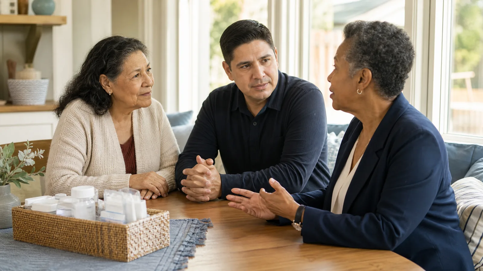 Clinician discussing wound care follow-up with a patient and family caregiver