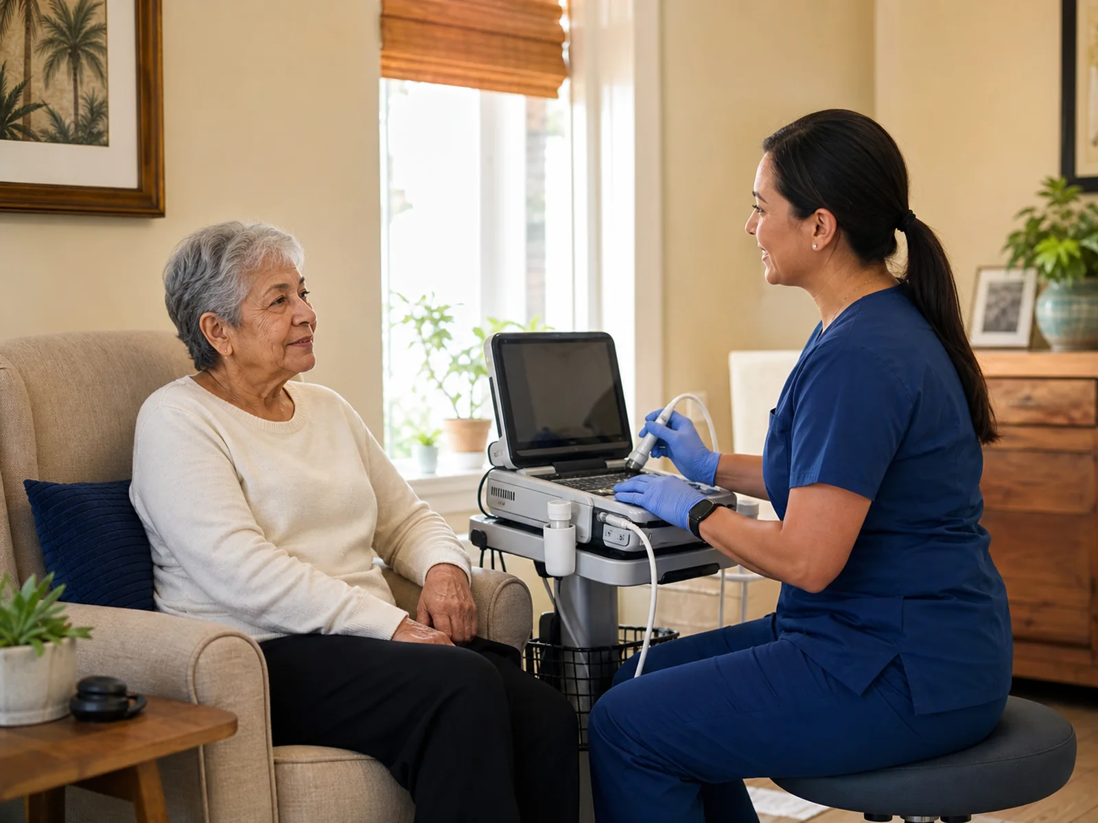 Technician preparing portable diagnostic equipment during an in-home visit