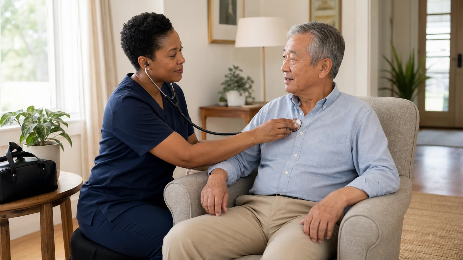 Clinician using a stethoscope to assess an older adult seated at home