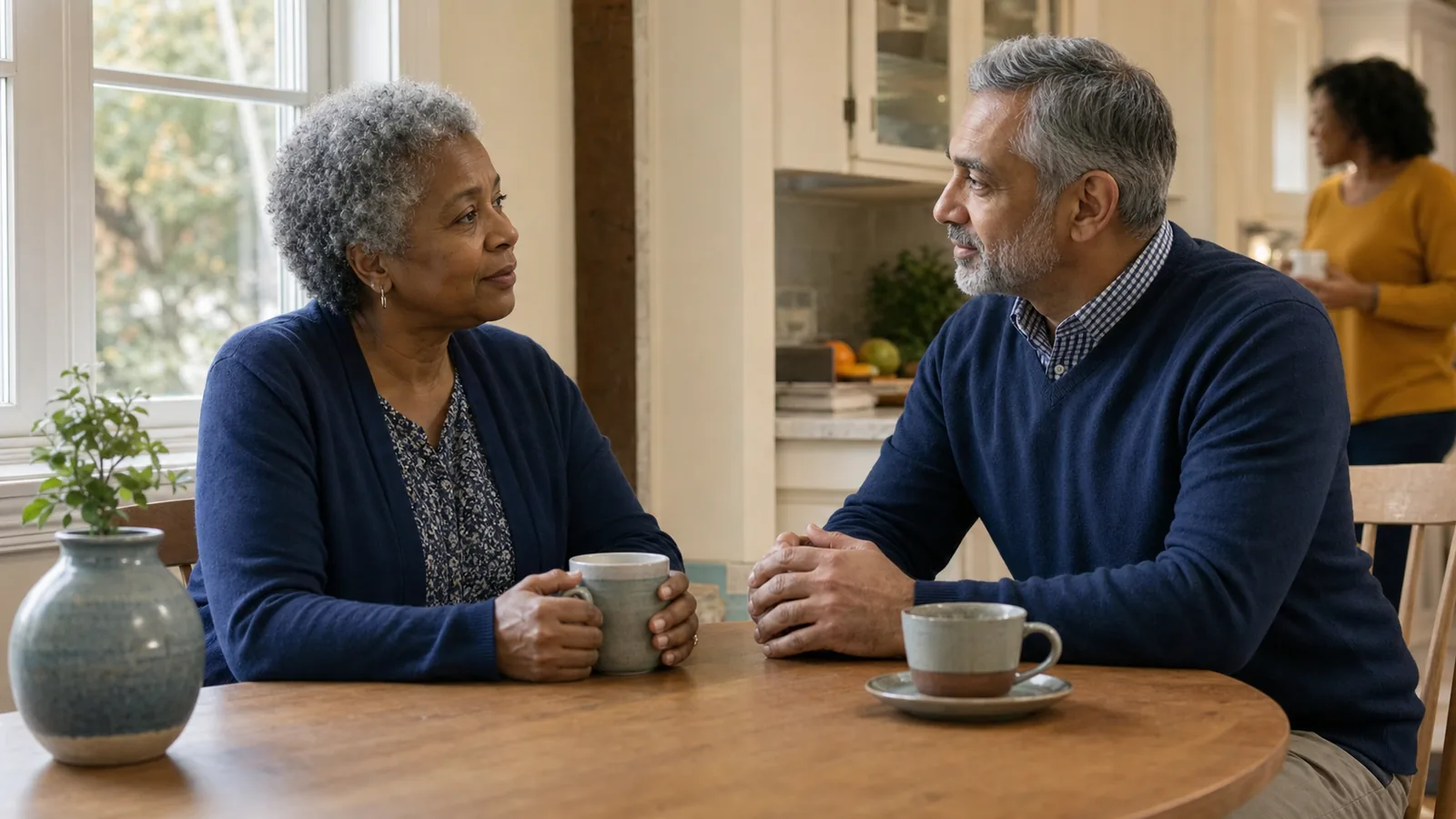 Clinician and patient talking at a kitchen table during a home psychiatric visit