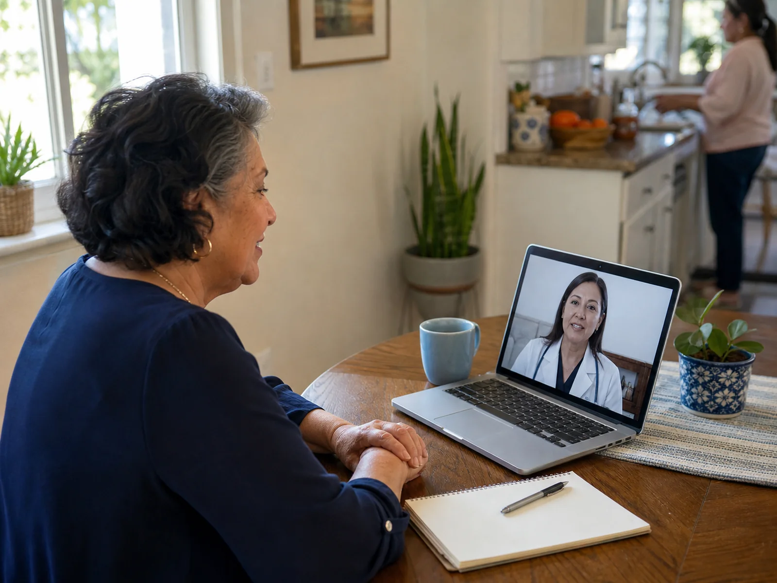 Older adult participating in a telehealth appointment from home