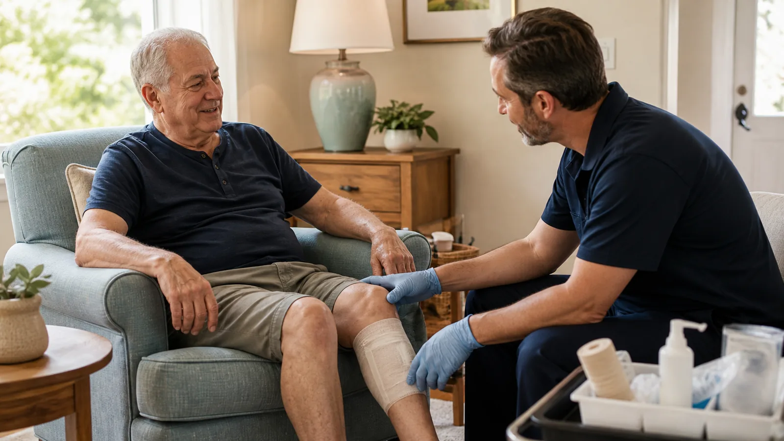 Clinician checking a covered dressing on a seated patient during a home visit