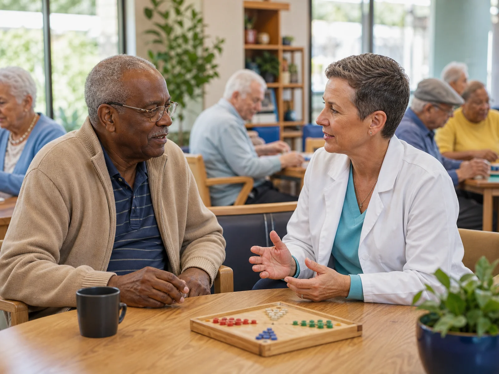 Clinician speaking with an older adult in a community day care setting