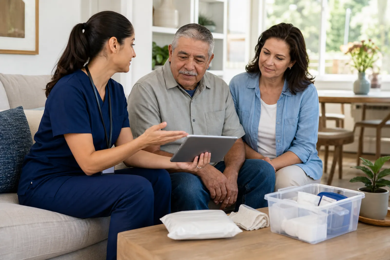 A clinician explaining wound care follow-up with a patient and caregiver
