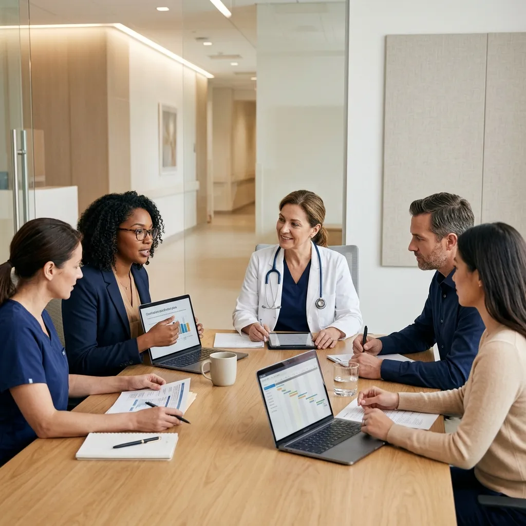 Physician and healthcare administrative team collaborating in a professional medical setting.