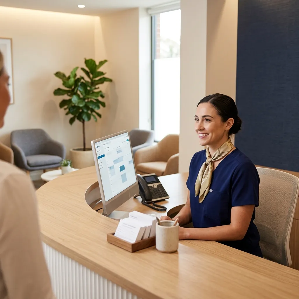 Healthcare front-desk or care coordination professional in a welcoming clinic-style setting.