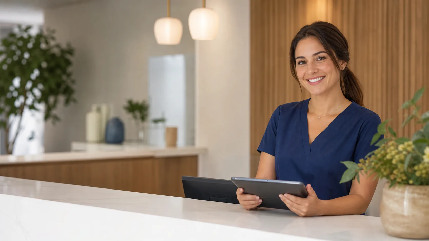Welcoming healthcare front desk for starting a mobile care coordination conversation.