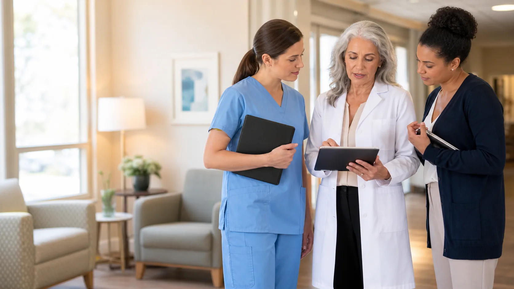 Healthcare team coordinating physician-led mobile care in a calm professional setting.