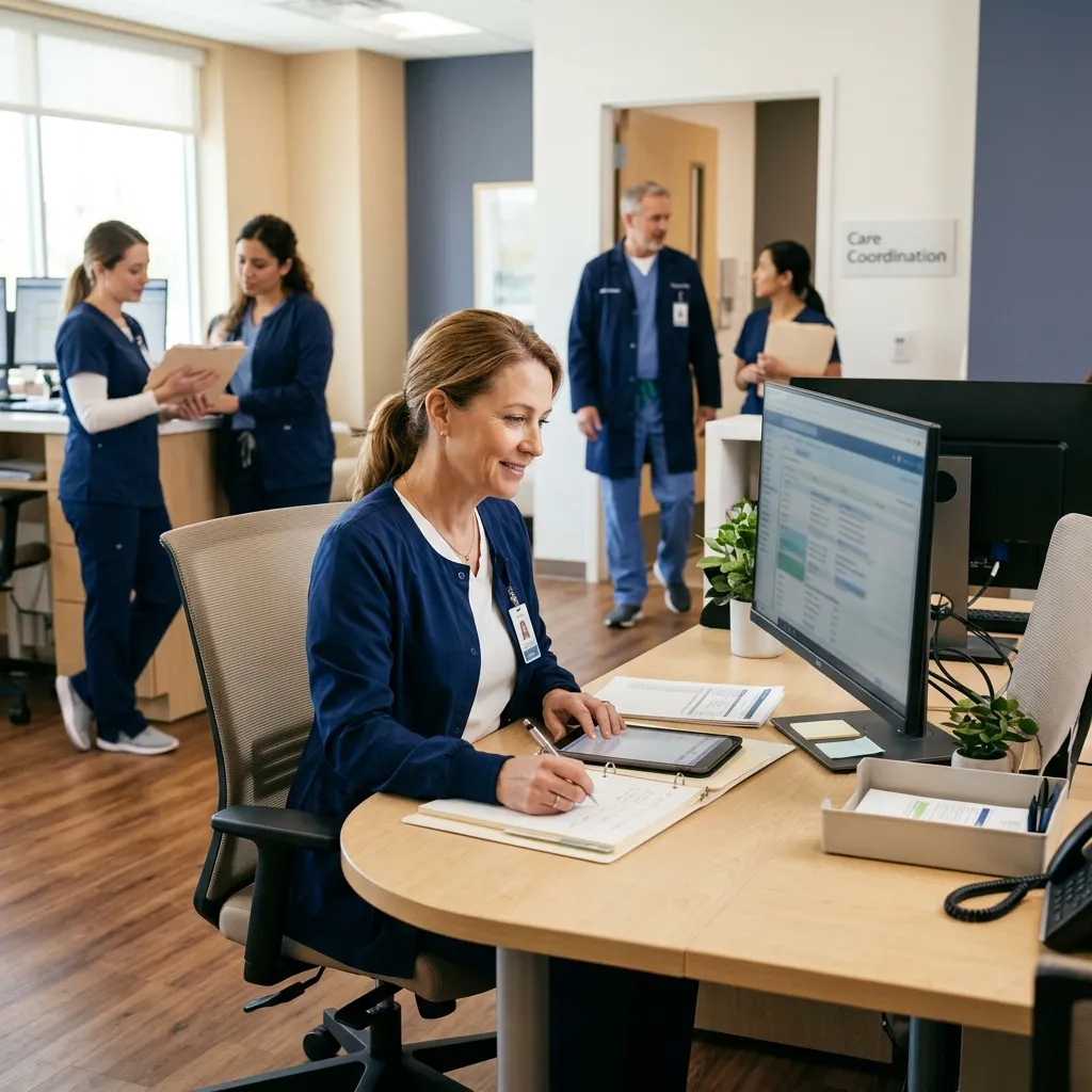 Nurse and healthcare coordination staff working at a medical office desk in a clinically relevant support setting.
