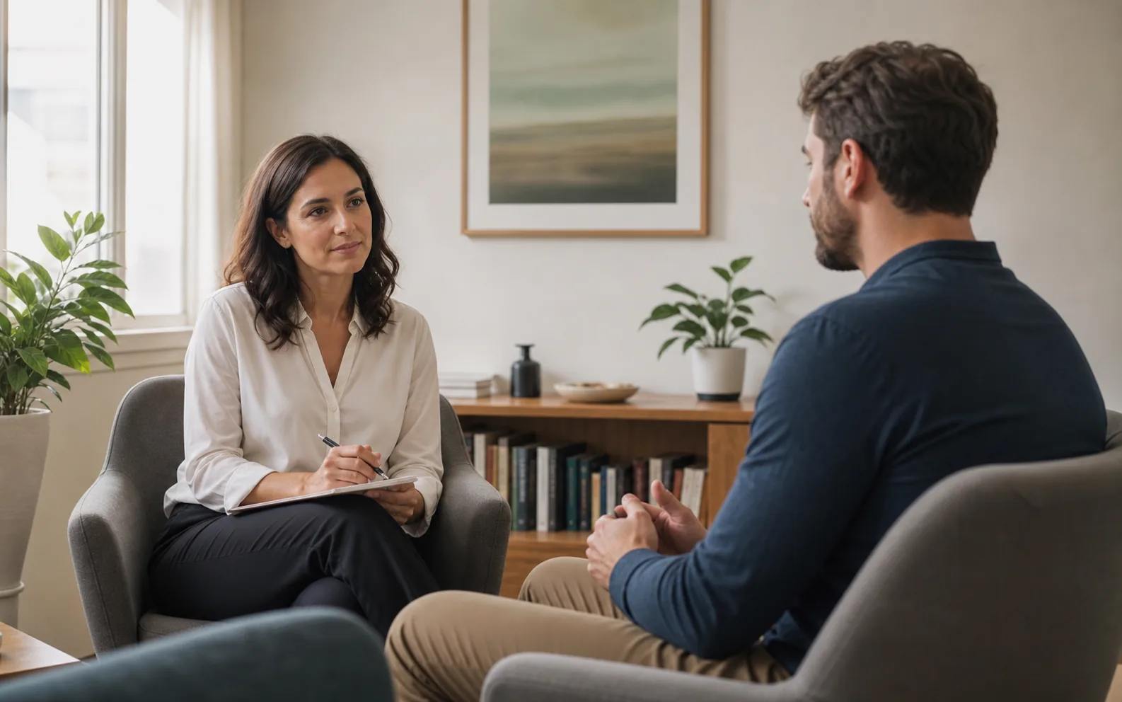 Respectful psychiatric care conversation in a private professional setting.