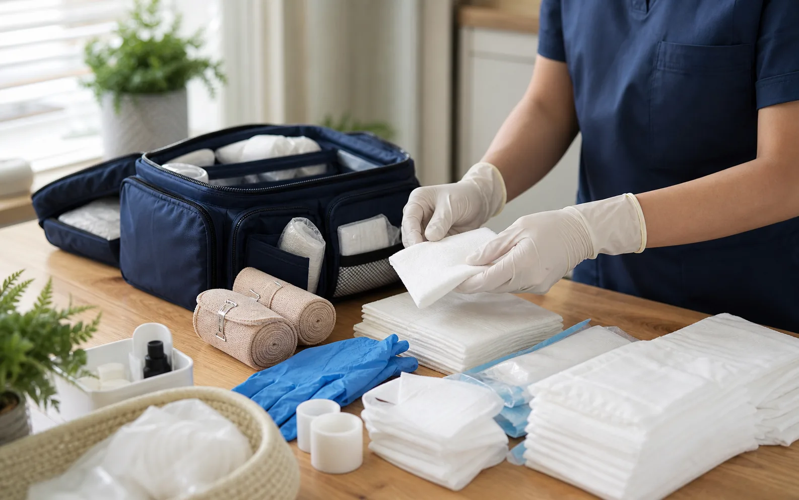 Non-graphic wound care preparation with clean supplies for coordinated mobile care.