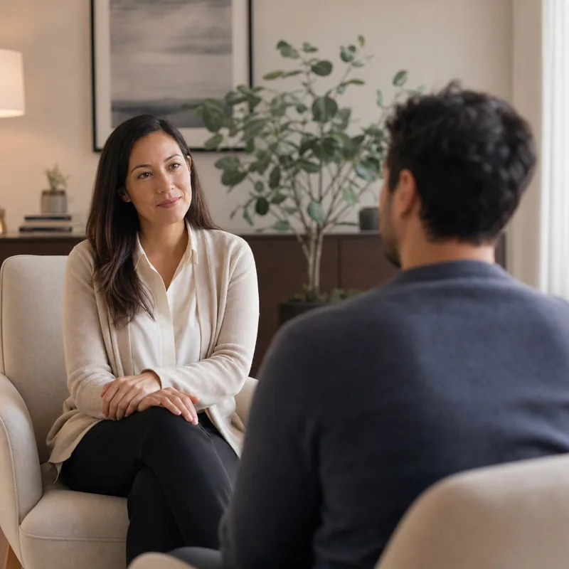 Private and respectful psychiatric care coordination conversation in a calm professional setting.