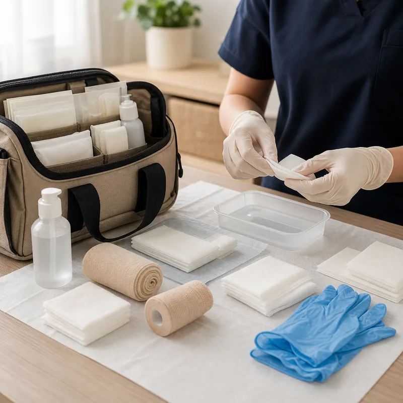 Organized wound care supplies prepared for non-graphic mobile care coordination.