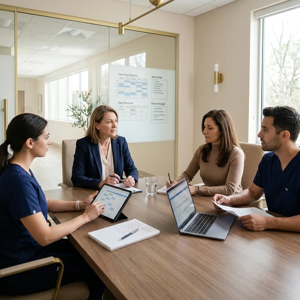 Physician and care team meeting in a healthcare setting to coordinate mobile care support.